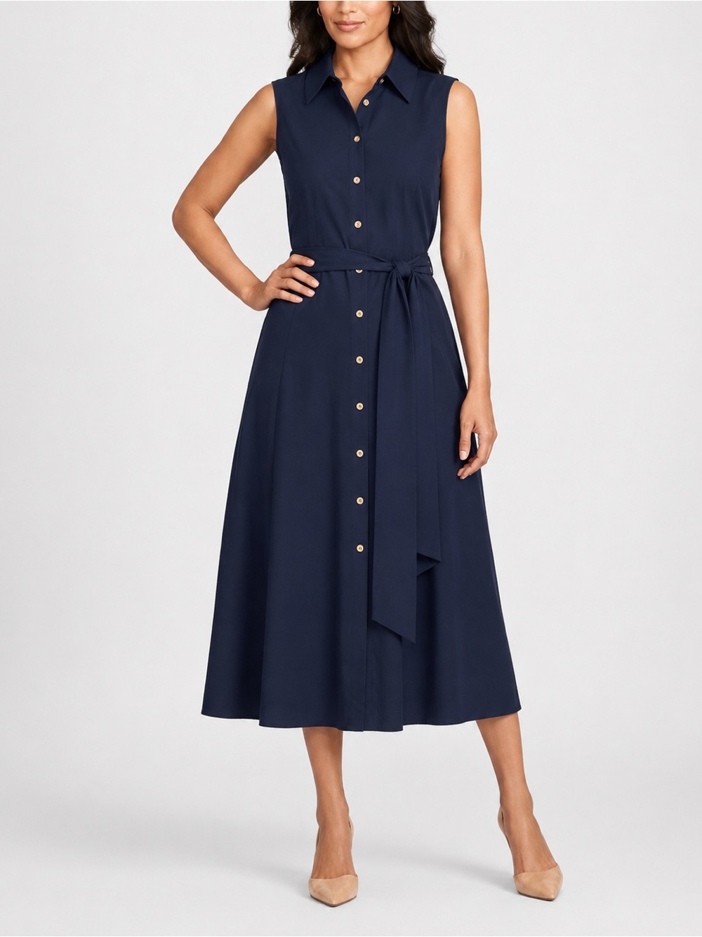 🆕 ANNE KLEIN Navy Sleeveless Belted Button Front Midi Shirt Dress Size 14 NWT